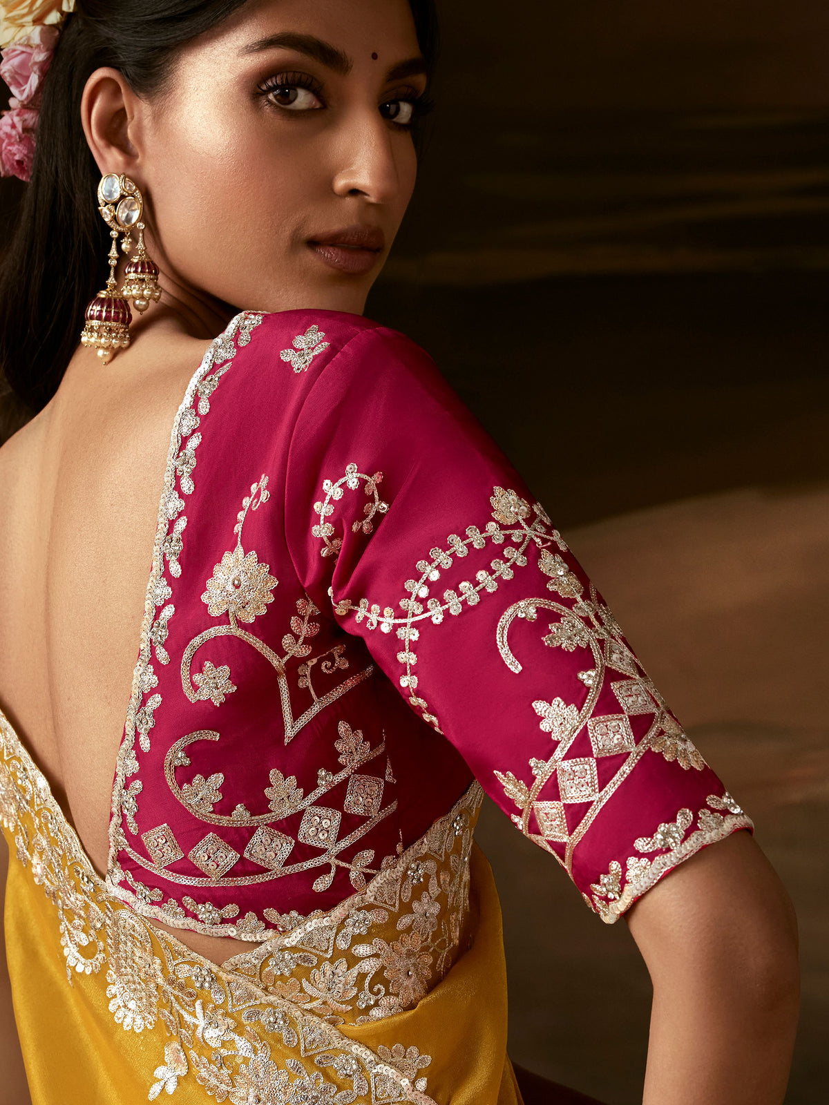 Captivating Mustard Yellow Aari Work Organza Wedding Wear Saree