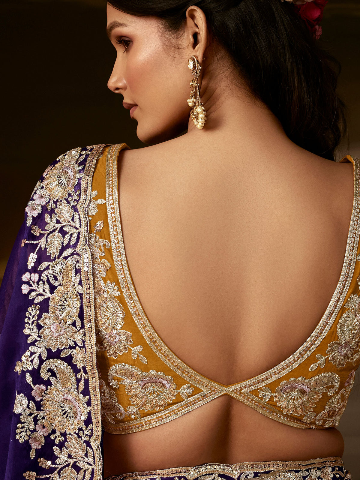 Mesmerizing Purple Sequins Work Organza Wedding Special Saree