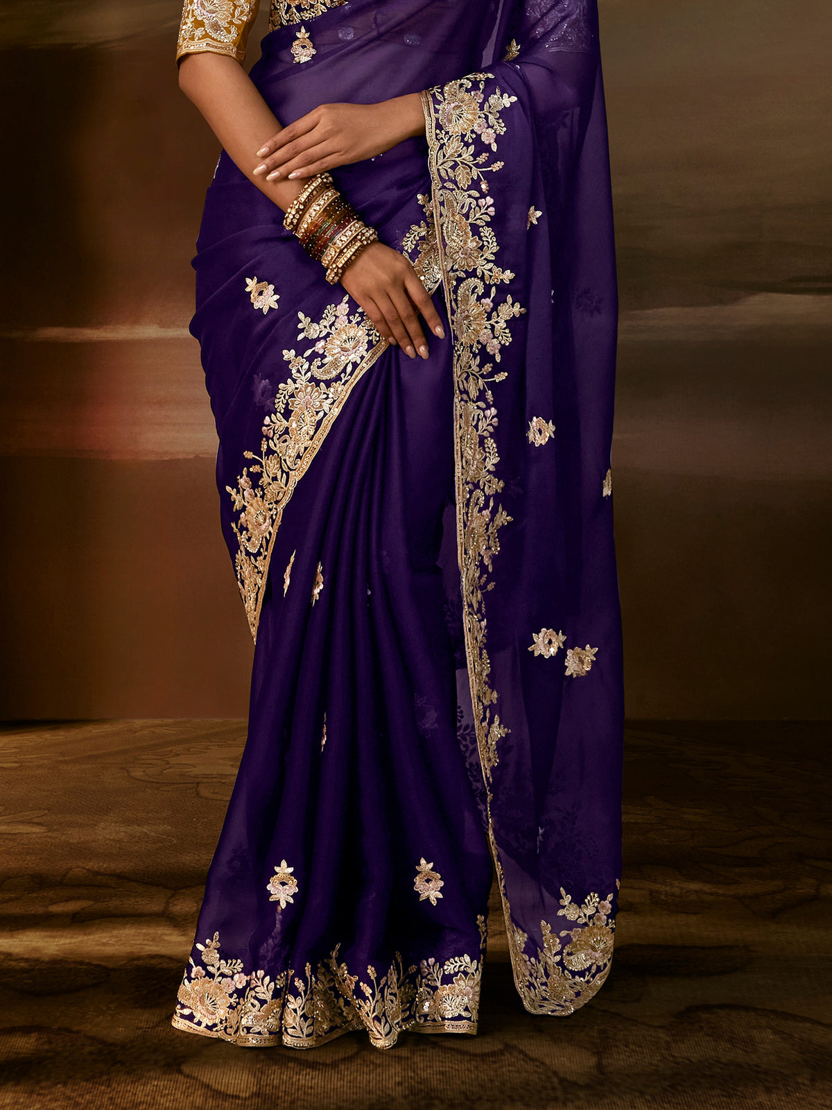 Mesmerizing Purple Sequins Work Organza Wedding Special Saree