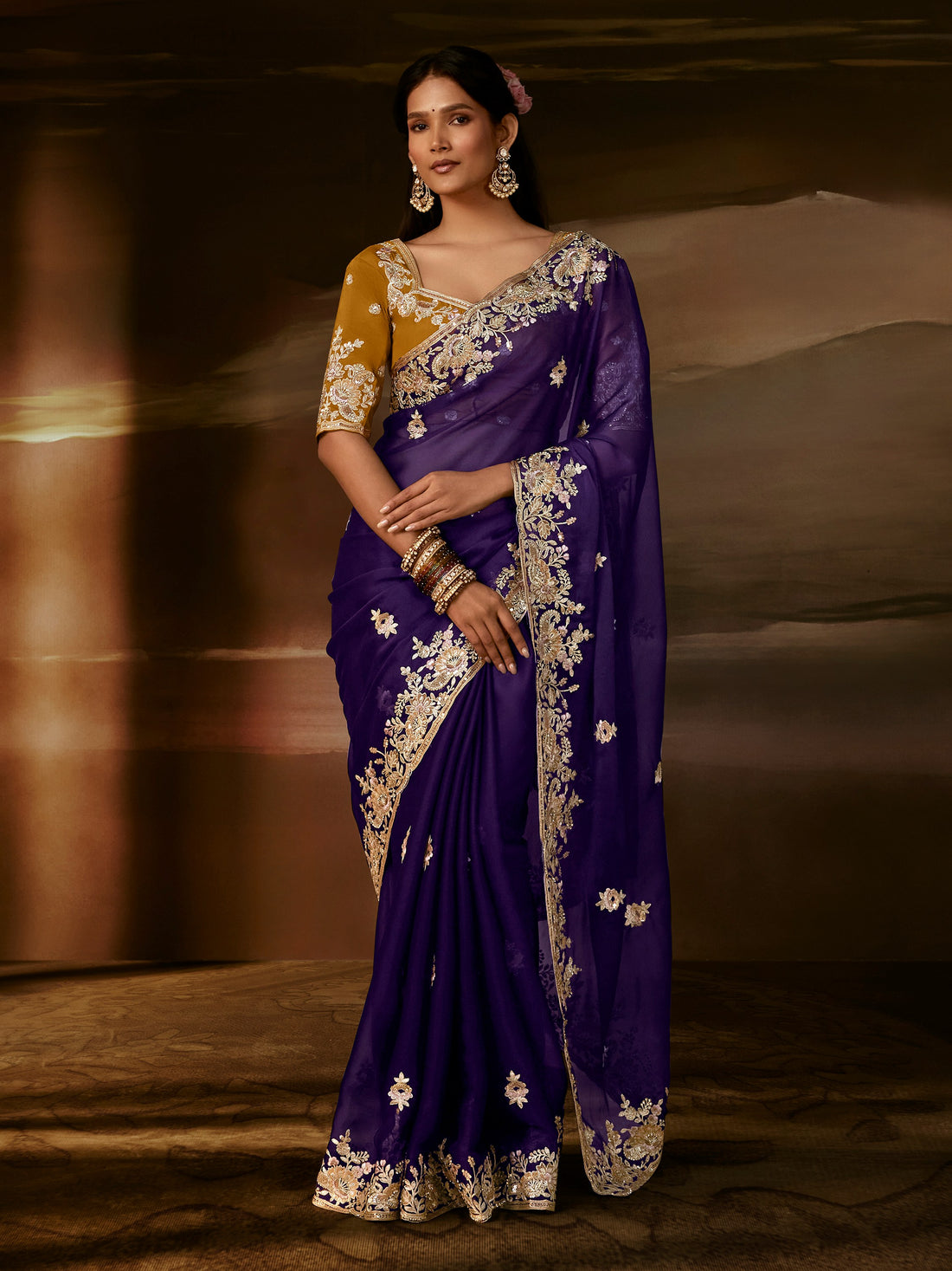 Mesmerizing Purple Sequins Work Organza Wedding Special Saree