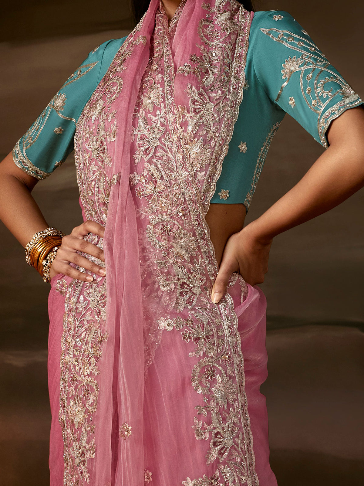 Royal Pink Zari Embroidered Organza Marriage Wear Saree With Blouse