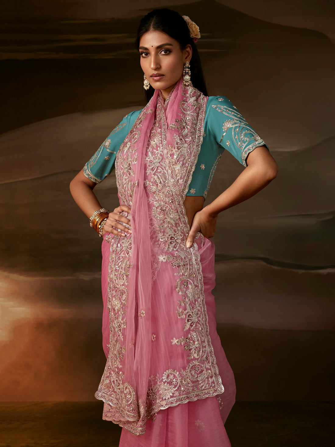Royal Pink Zari Embroidered Organza Marriage Wear Saree With Blouse