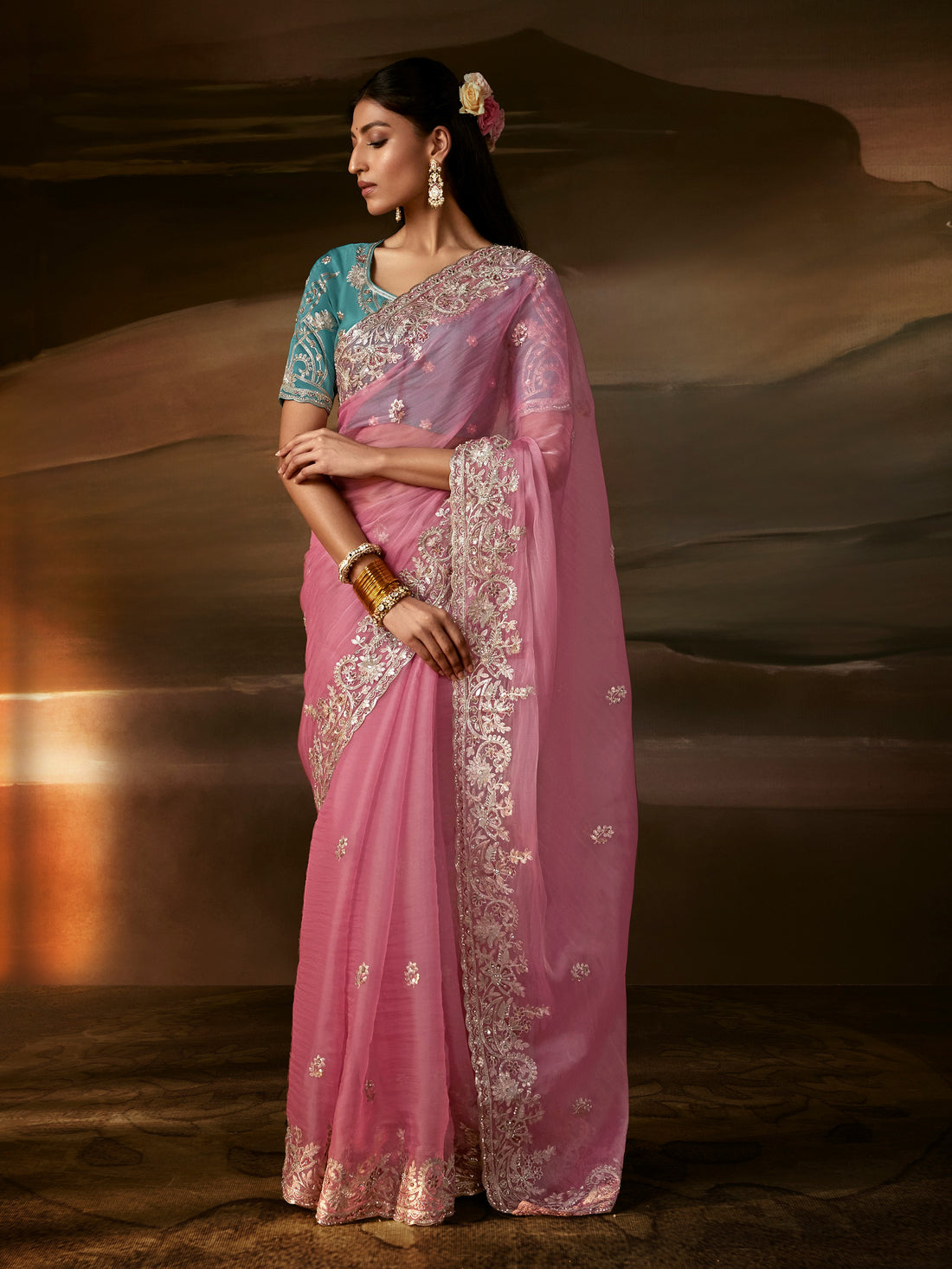 Royal Pink Zari Embroidered Organza Marriage Wear Saree With Blouse