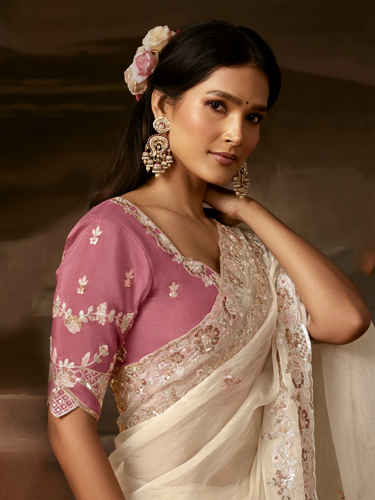 Charming White Sequins Work Organza Reception Wear Saree