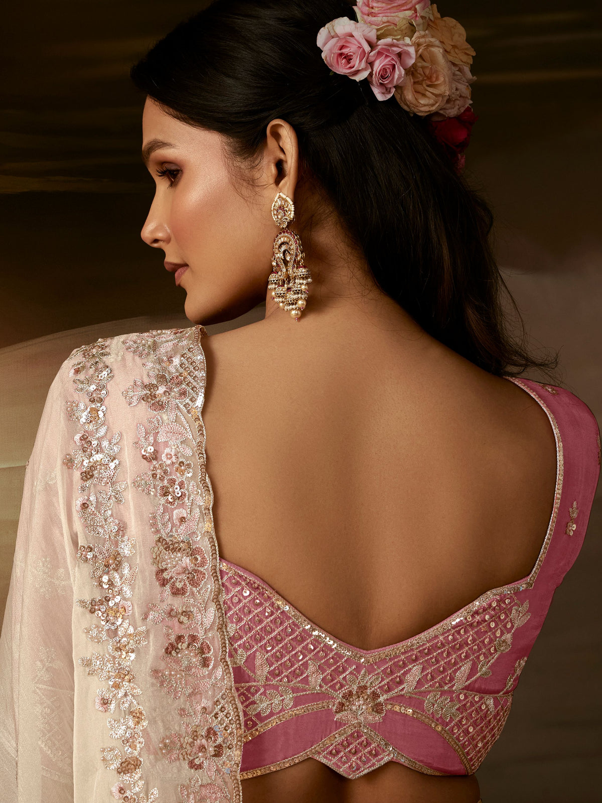 Charming White Sequins Work Organza Reception Wear Saree