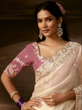 Charming White Sequins Work Organza Reception Wear Saree