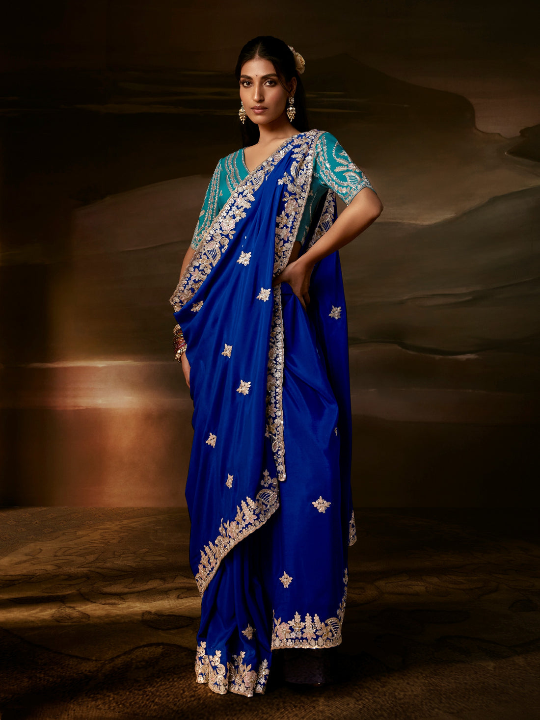 Glamorous Blue Thread Work Organza Function Wear Saree With Blouse