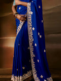 Glamorous Blue Thread Work Organza Function Wear Saree With Blouse