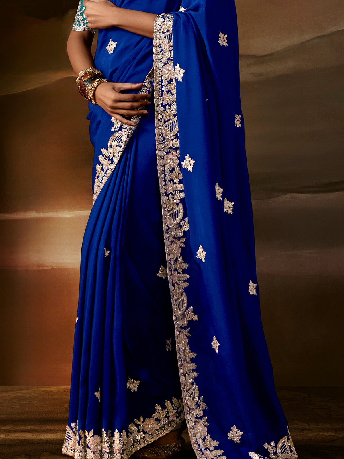 Glamorous Blue Thread Work Organza Function Wear Saree With Blouse