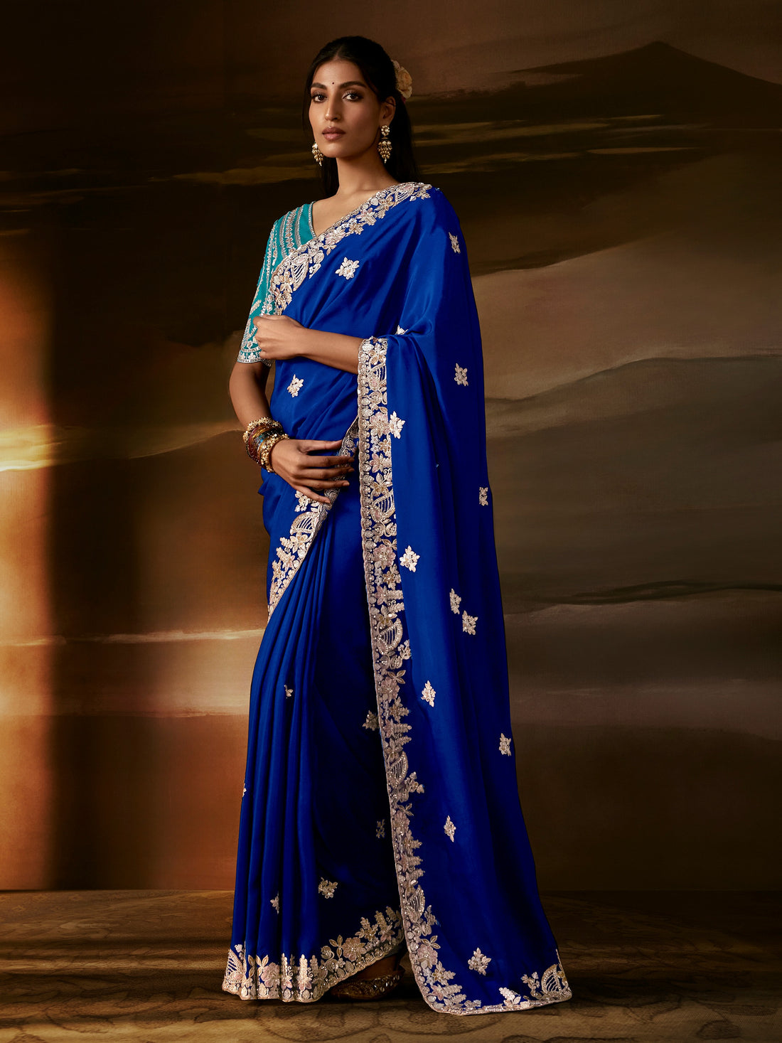 Glamorous Blue Thread Work Organza Function Wear Saree With Blouse
