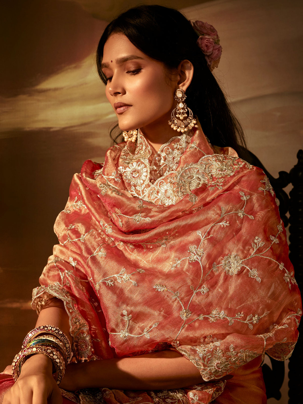 Adorable Peach Aari Work Organza Wedding Wear Saree