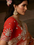 Adorable Peach Aari Work Organza Wedding Wear Saree