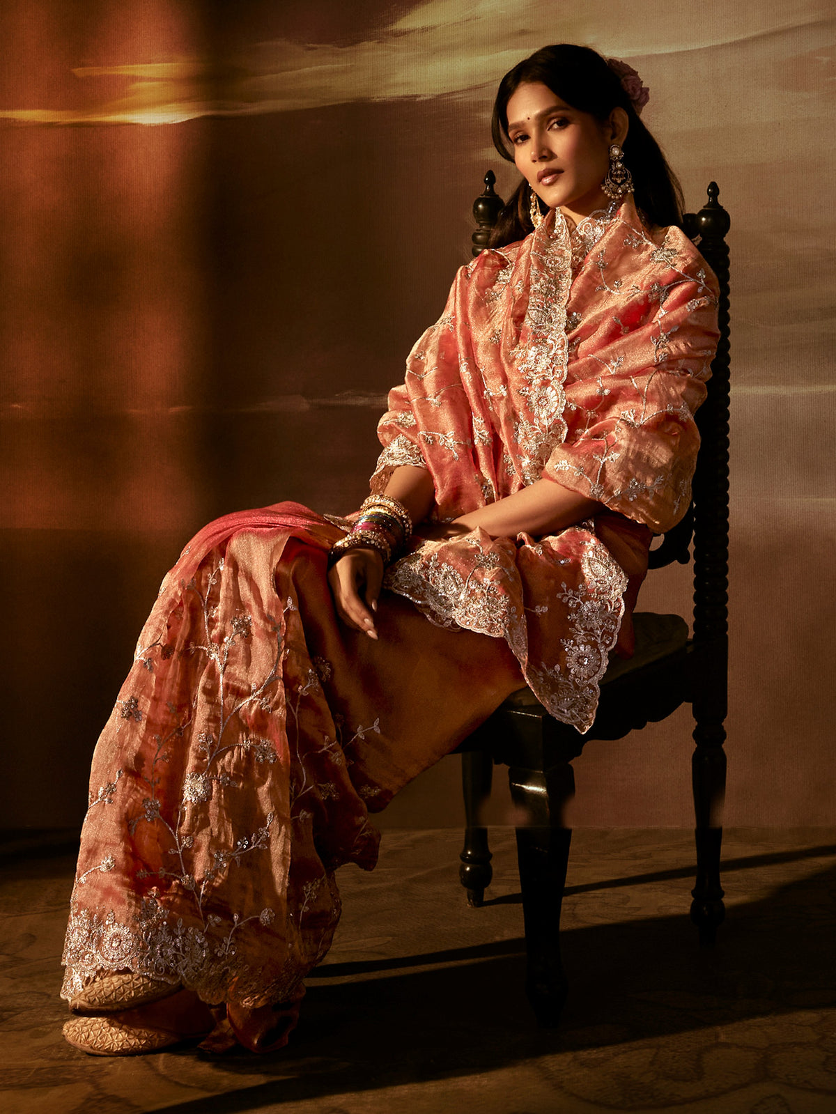 Adorable Peach Aari Work Organza Wedding Wear Saree