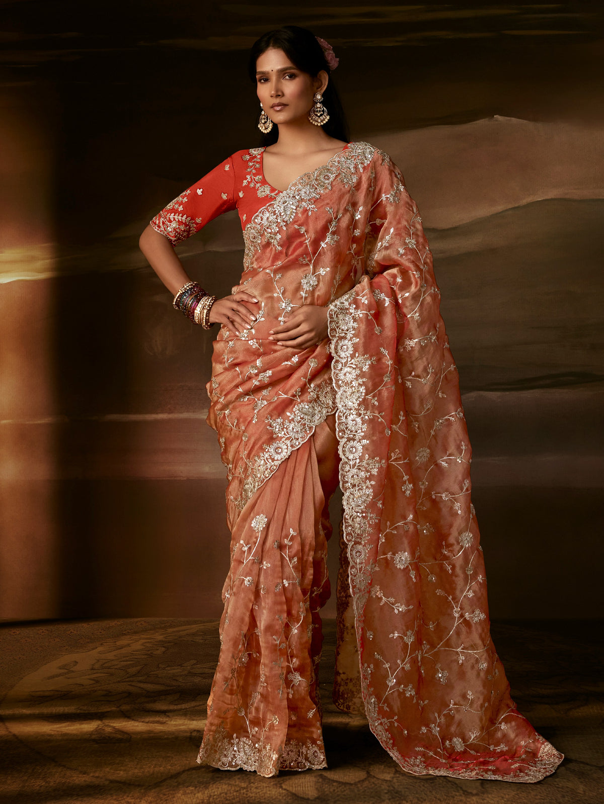 Adorable Peach Aari Work Organza Wedding Wear Saree