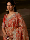 Adorable Peach Aari Work Organza Wedding Wear Saree