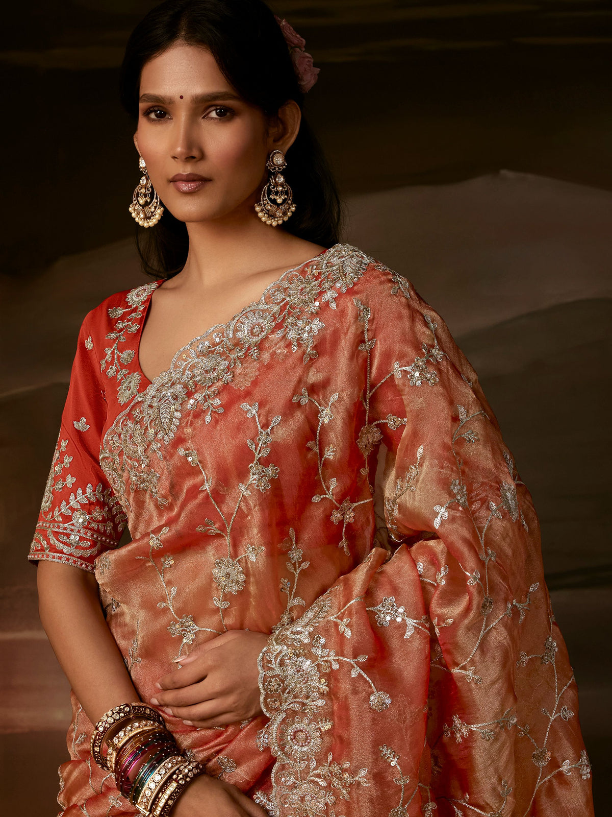 Adorable Peach Aari Work Organza Wedding Wear Saree