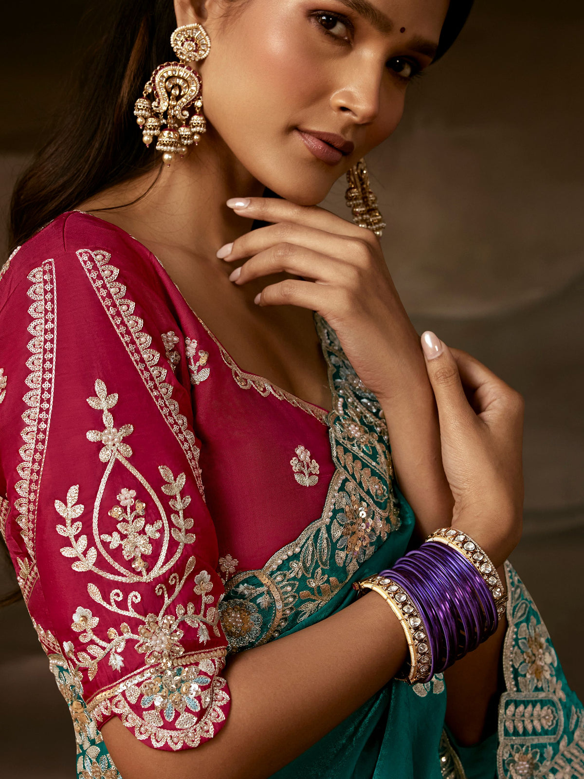 Fascinating Teal Green Sequins Work Organza Festive Wear Saree