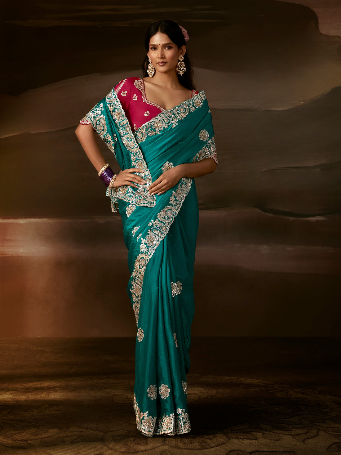 Fascinating Teal Green Sequins Work Organza Festive Wear Saree