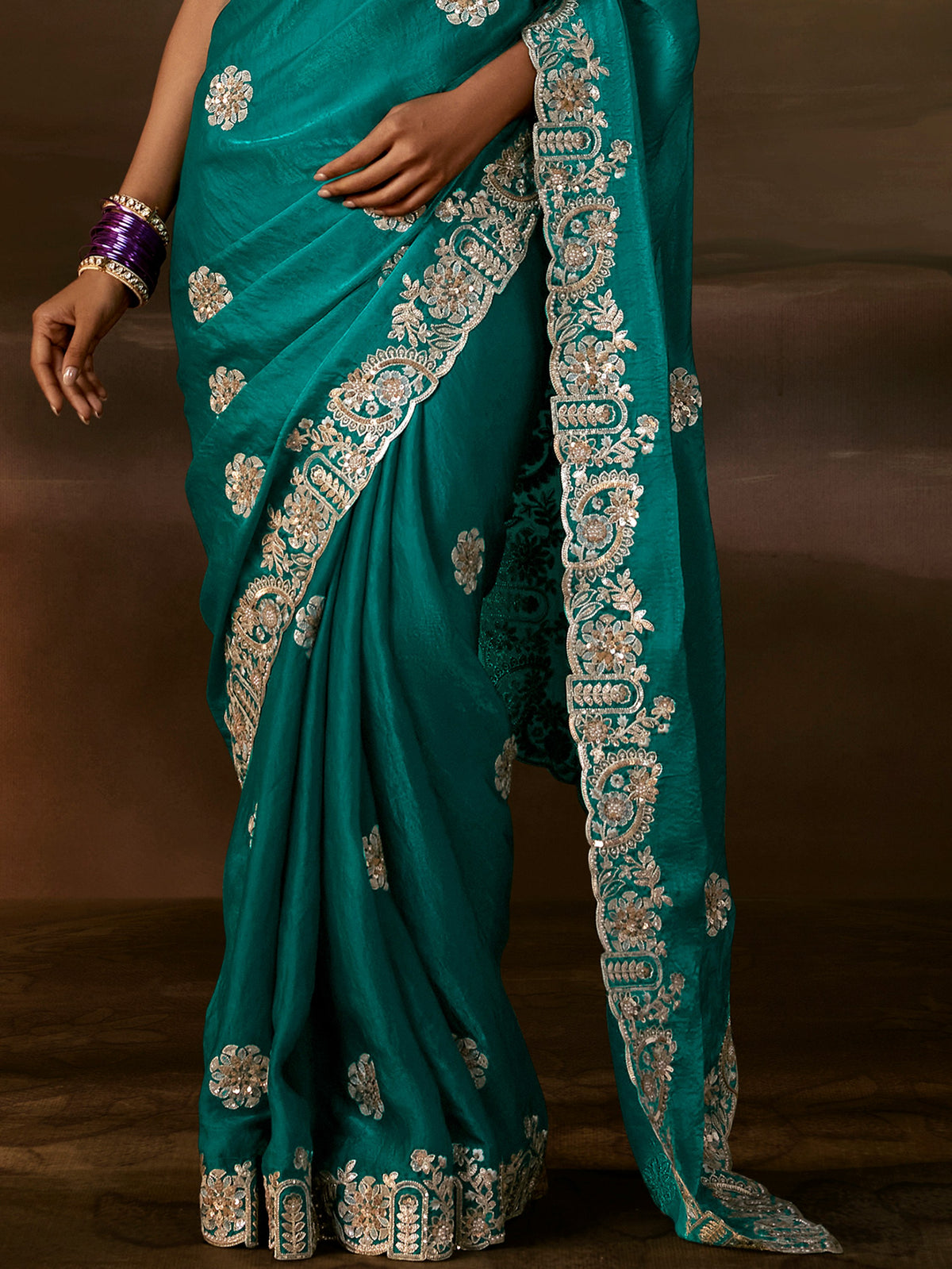 Fascinating Teal Green Sequins Work Organza Festive Wear Saree