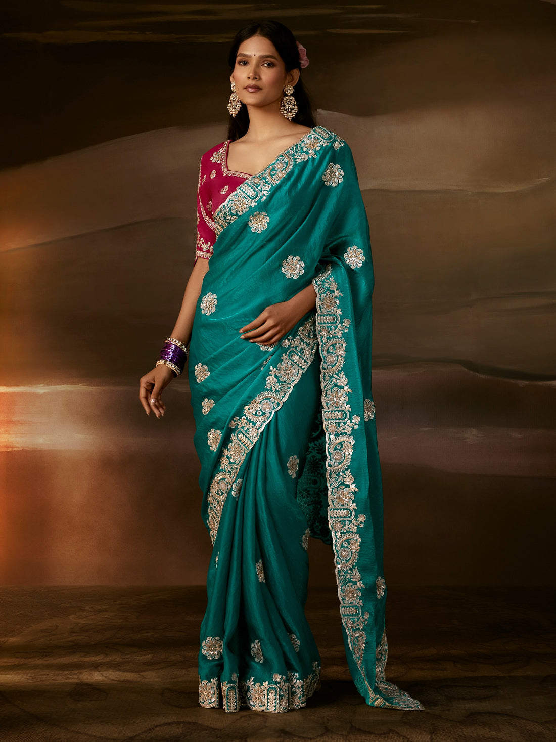 Fascinating Teal Green Sequins Work Organza Festive Wear Saree