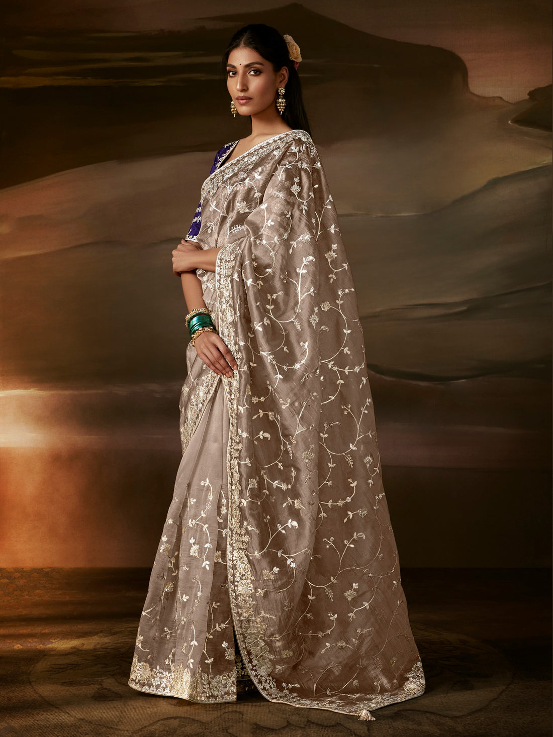 Impressive Beige Zari Work Organza Wedding Wear Saree With Blouse