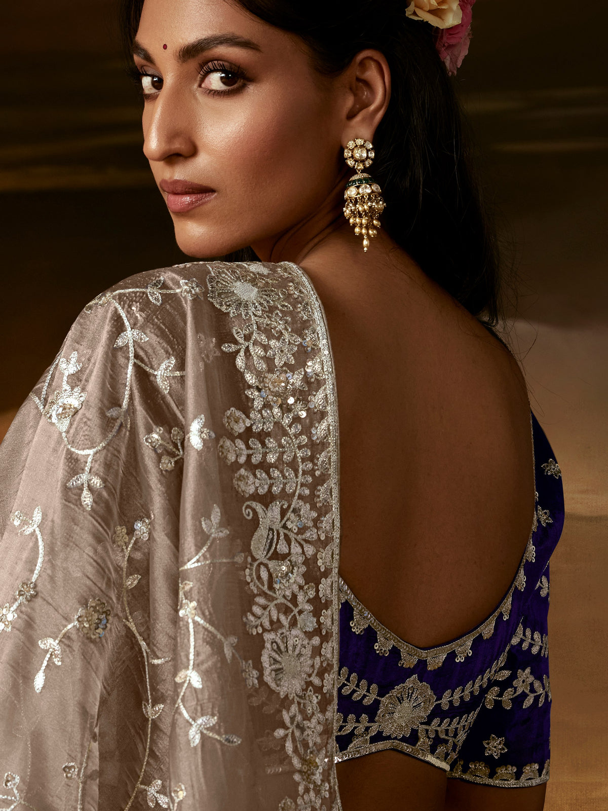 Impressive Beige Zari Work Organza Wedding Wear Saree With Blouse