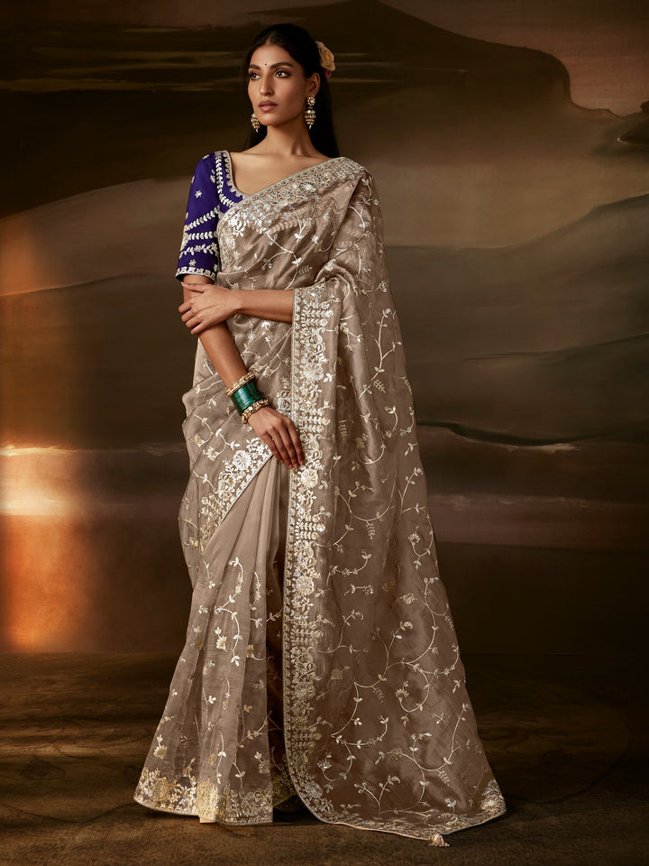 Impressive Beige Zari Work Organza Wedding Wear Saree With Blouse
