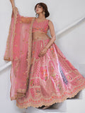 Superior Pink Thread Work Banarasi Silk Reception Wear Lehenga With Blouse
