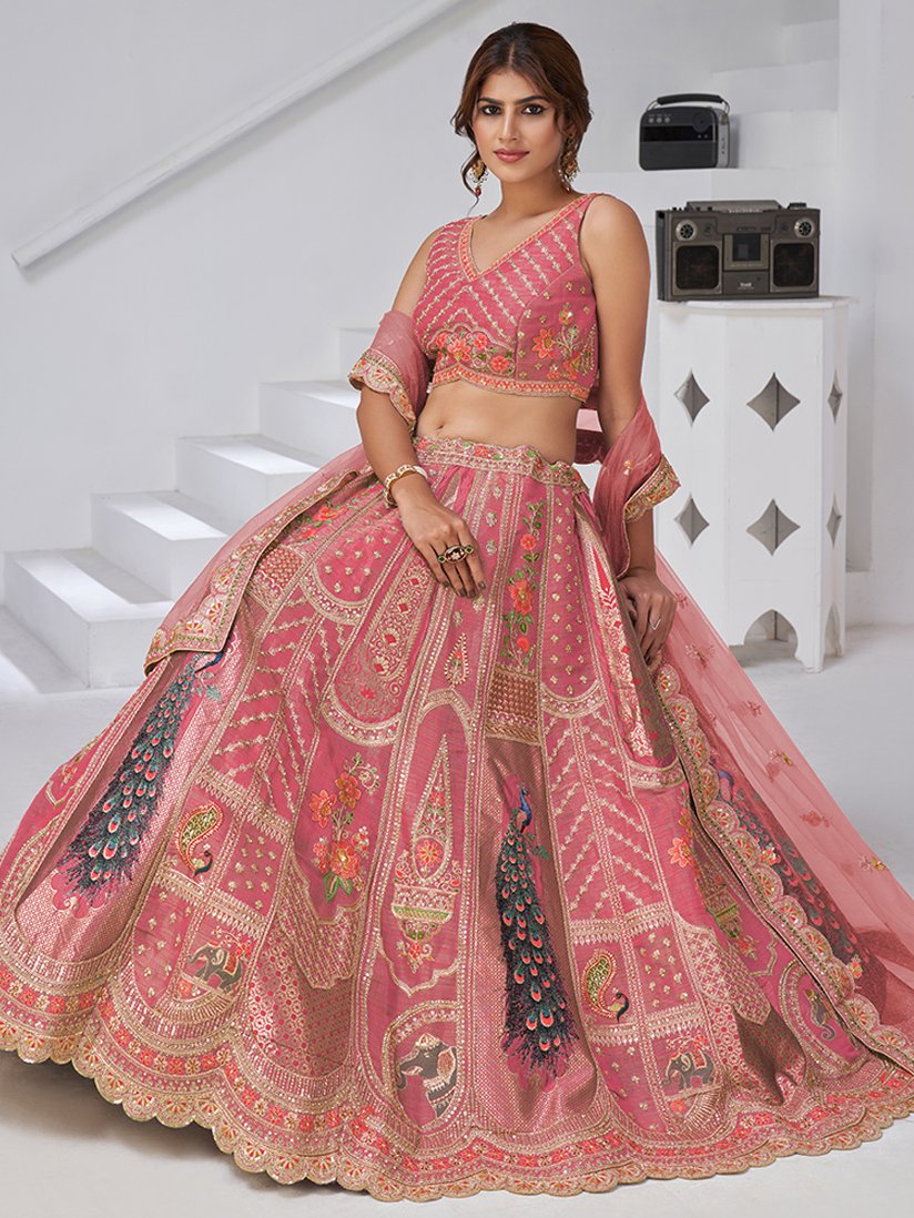 Superior Pink Thread Work Banarasi Silk Reception Wear Lehenga With Blouse