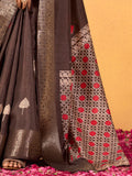 Gorgeous Brown Foil Printed Dola Silk Saree With Blouse