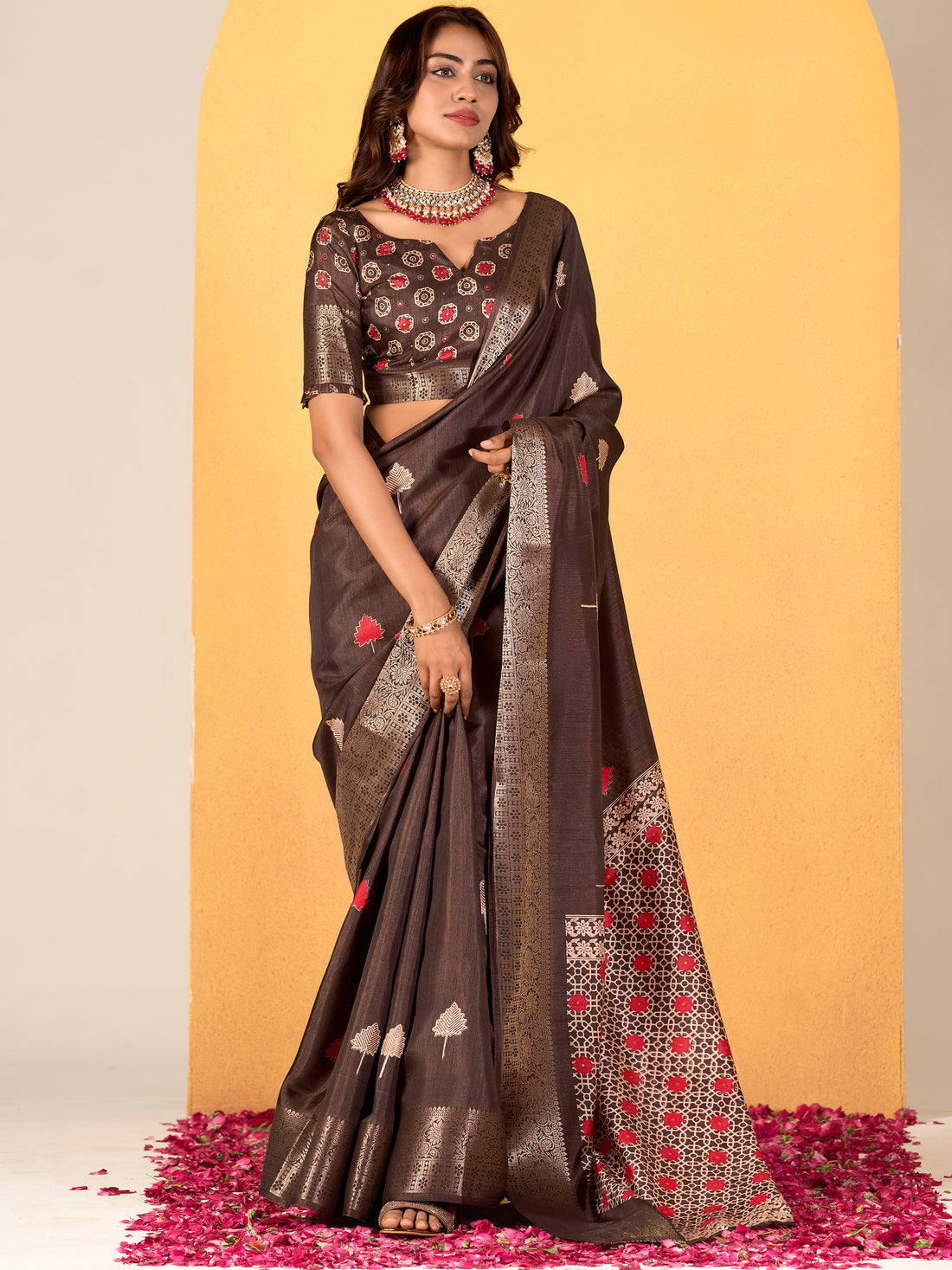 Gorgeous Brown Foil Printed Dola Silk Saree With Blouse