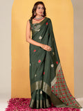 Make your upcoming celebrations truly special with this stunning green dola silk saree. The saree features a harmonious blend of foil print and zari weaving, adding a touch of sophistication and texture to its vibrant green hue.  With its intricate detailing and elegant design, this saree is perfect for festivals, events, and any occasion where you wish to make a memorable impression. Complementing the saree is a matching unstitched silk blouse, adorned with the same foil print and zari work. Measuring 5.50