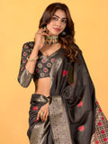 Captivating Black Foil Printed Silk Event Wear Saree With Blouse