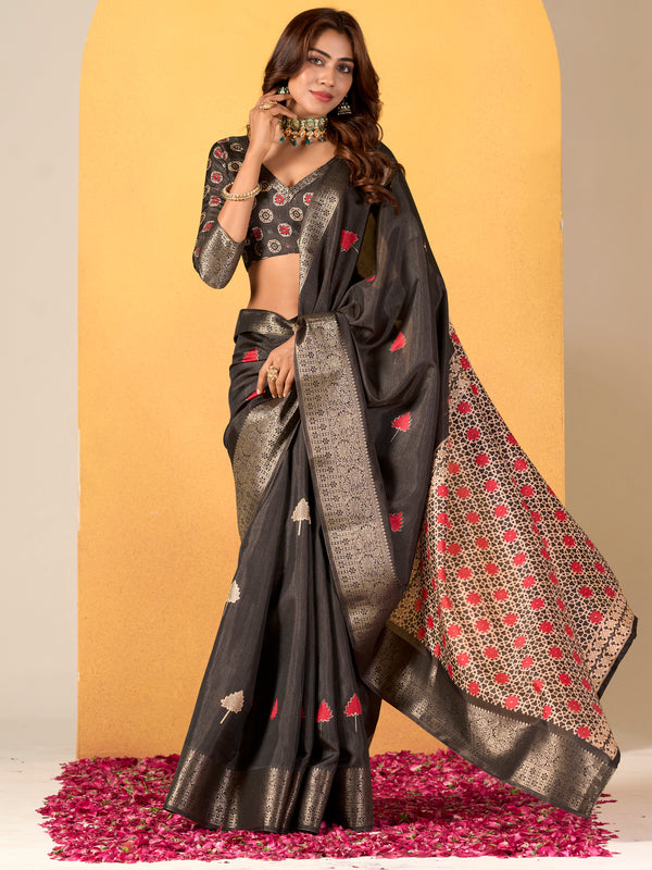 Captivating Black Foil Printed Silk Event Wear Saree With Blouse