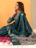 Adorable Teal Blue Foil Printed Dola Silk Saree With Blouse