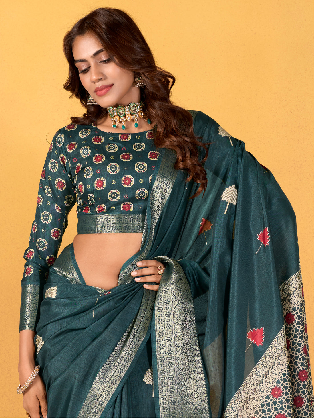 Adorable Teal Blue Foil Printed Dola Silk Saree With Blouse