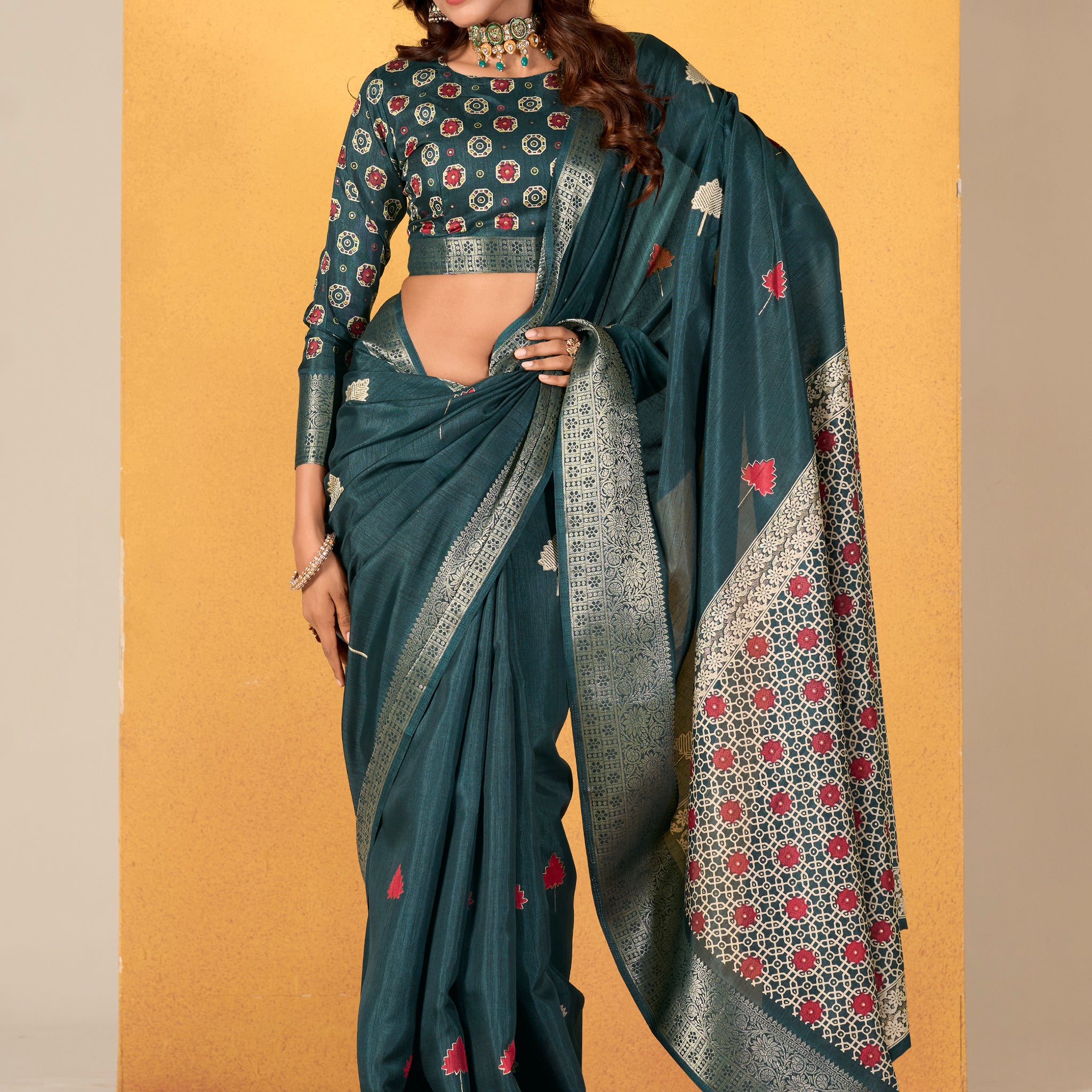 Adorable Teal Blue Foil Printed Dola Silk Saree With Blouse