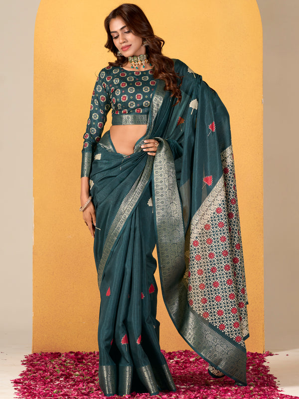 Adorable Teal Blue Foil Printed Dola Silk Saree With Blouse