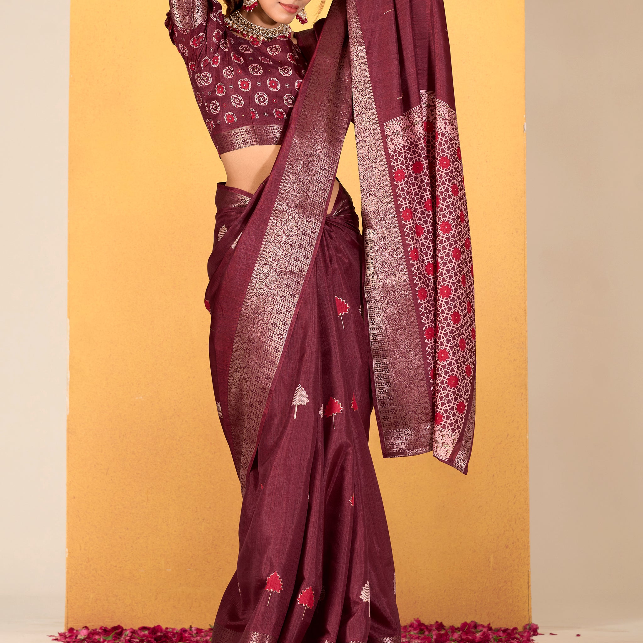 Lovely Maroon Printed Dola Silk Traditional Saree With Blouse