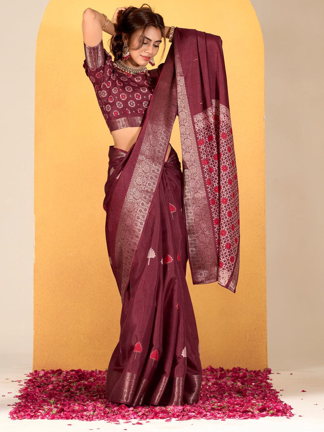 Lovely Maroon Printed Dola Silk Traditional Saree With Blouse