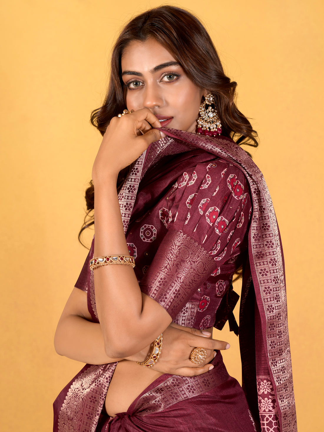 Lovely Maroon Printed Dola Silk Traditional Saree With Blouse