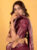Lovely Maroon Printed Dola Silk Traditional Saree With Blouse