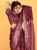 Lovely Maroon Printed Dola Silk Traditional Saree With Blouse