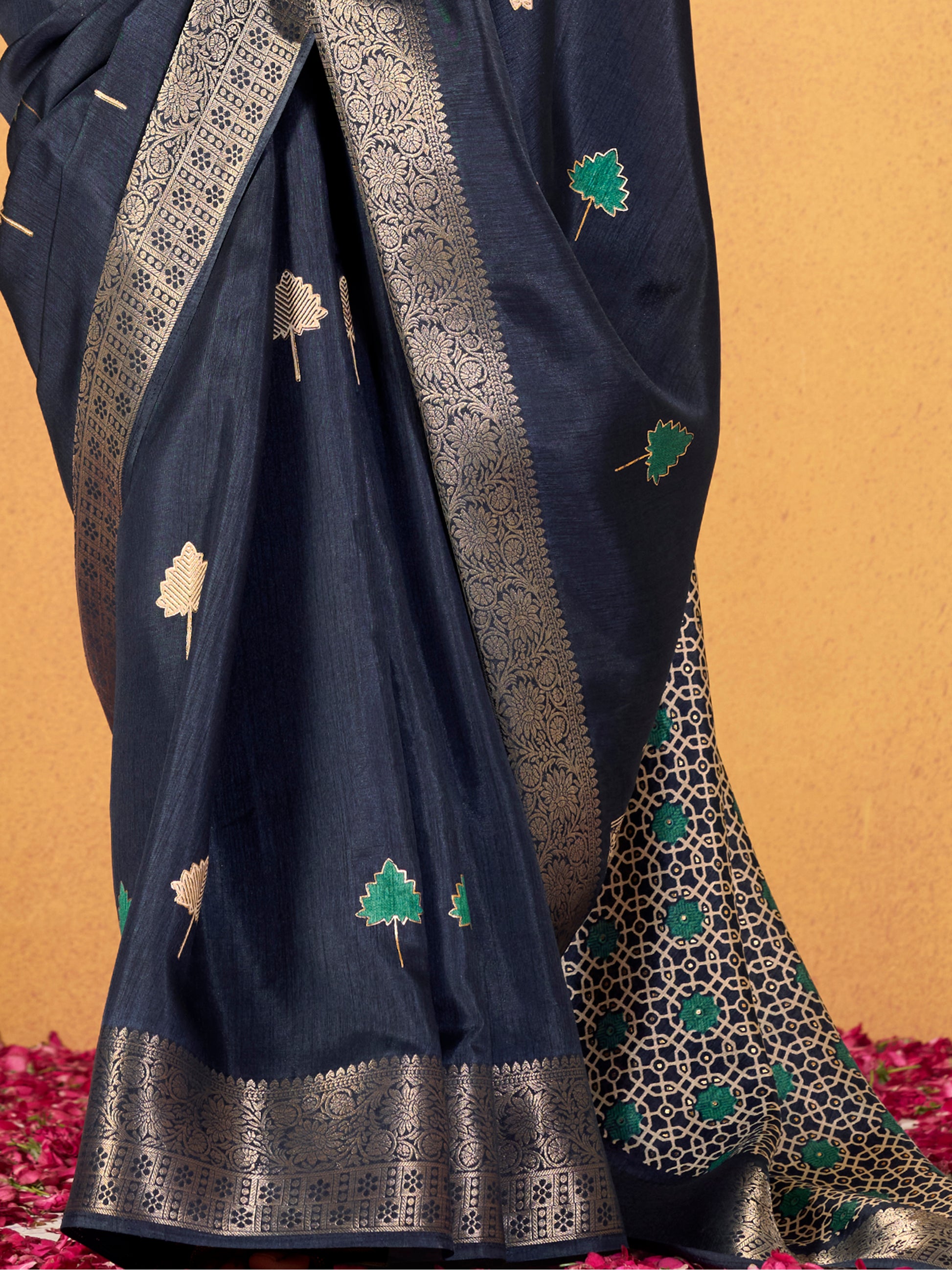 Delightful Navy Blue Foil Printed Dola Silk Saree With Blouse