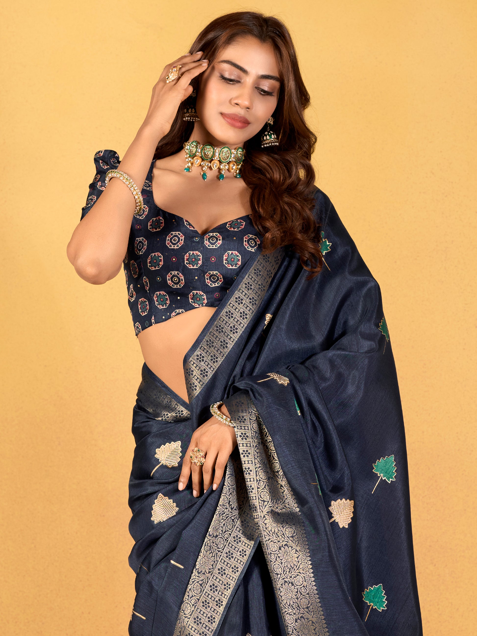 Delightful Navy Blue Foil Printed Dola Silk Saree With Blouse