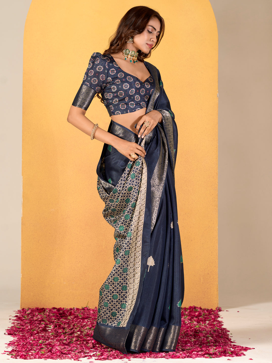 Delightful Navy Blue Foil Printed Dola Silk Saree With Blouse