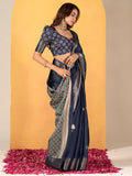 Delightful Navy Blue Foil Printed Dola Silk Saree With Blouse