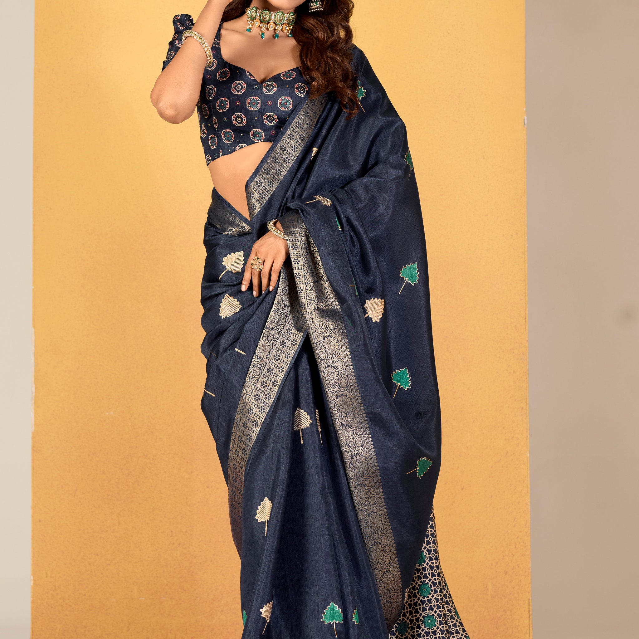 Delightful Navy Blue Foil Printed Dola Silk Saree With Blouse