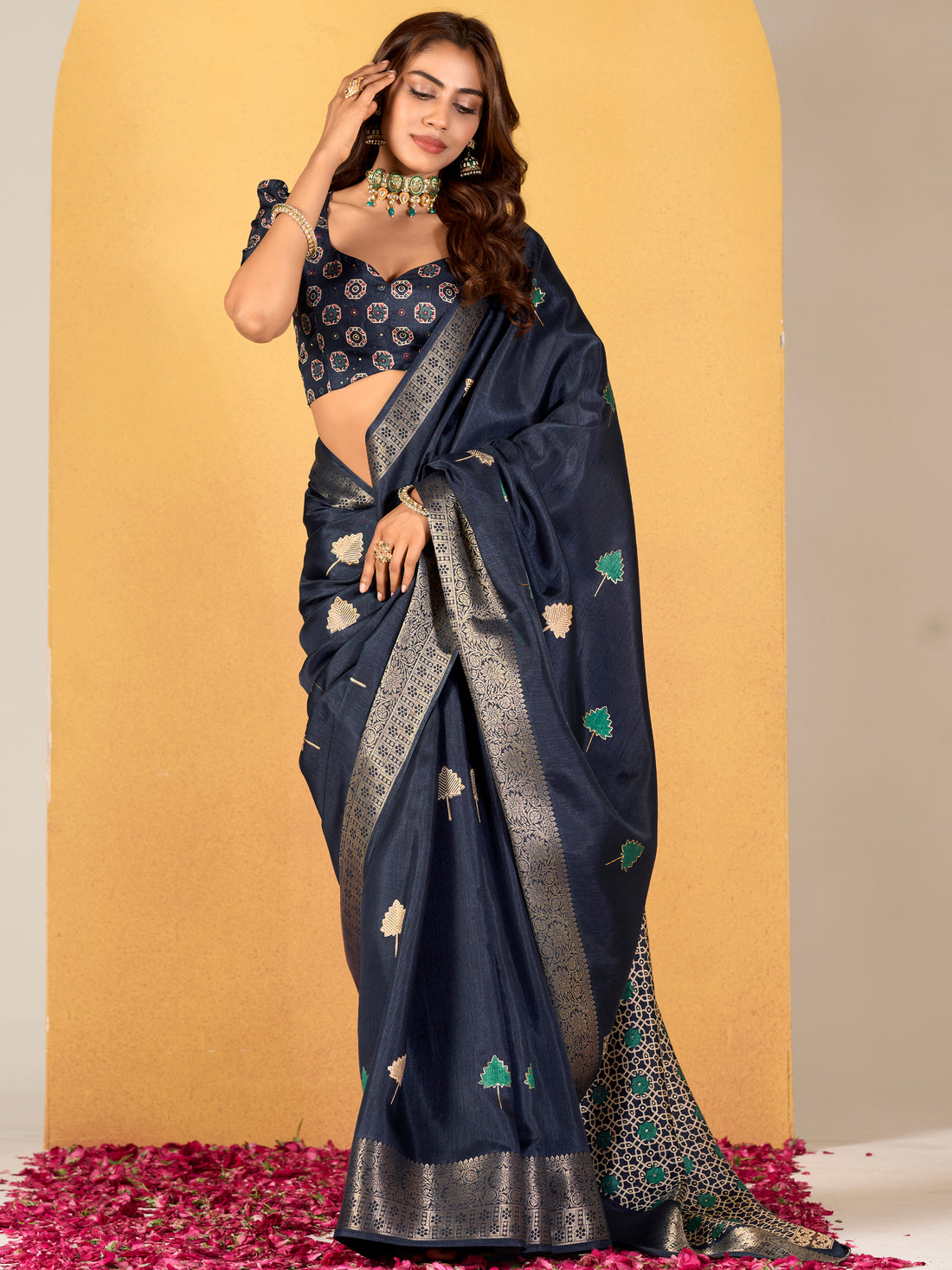 Delightful Navy Blue Foil Printed Dola Silk Saree With Blouse