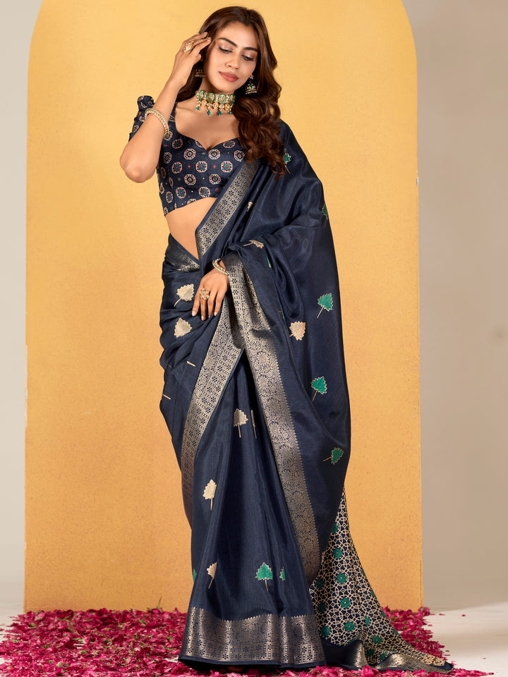Delightful Navy Blue Foil Printed Dola Silk Saree With Blouse